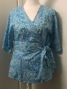 Vintage 1990s 2000s Lilly Pulitzer Kimono Sleeve Seashell Print Wrap Top Sz M